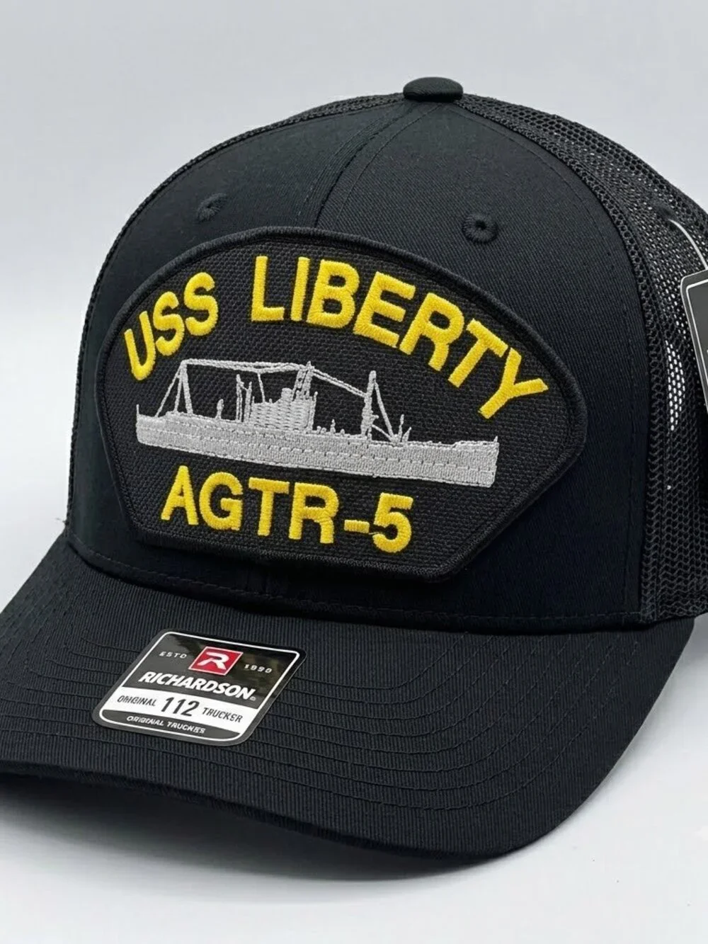 Retro USS Liberty AGTR-5 Navy Patch Hat Black Richardson 112 Trucker Snapback Ne